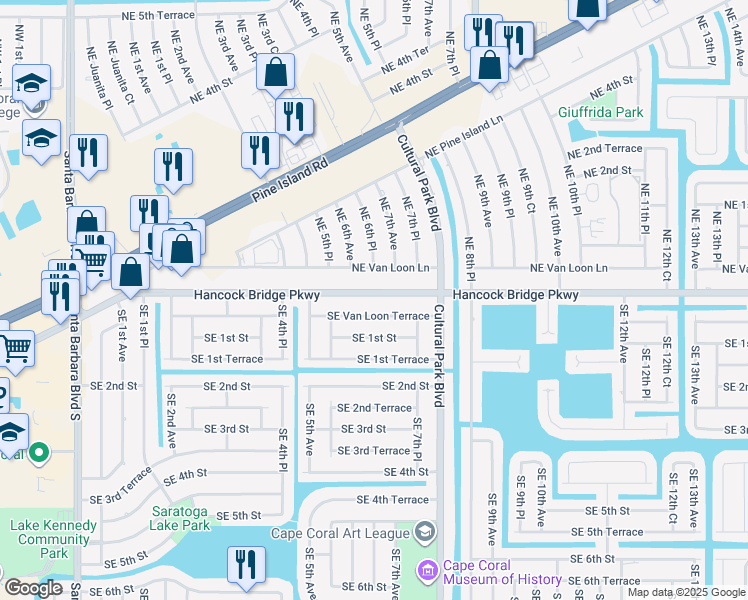 map of restaurants, bars, coffee shops, grocery stores, and more near 607 Hancock Bridge Parkway in Cape Coral