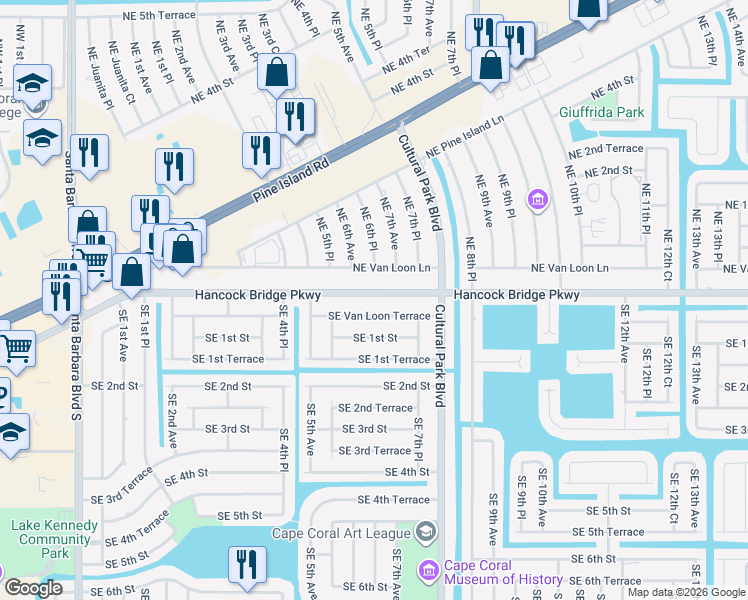 map of restaurants, bars, coffee shops, grocery stores, and more near 607 Hancock Bridge Parkway in Cape Coral