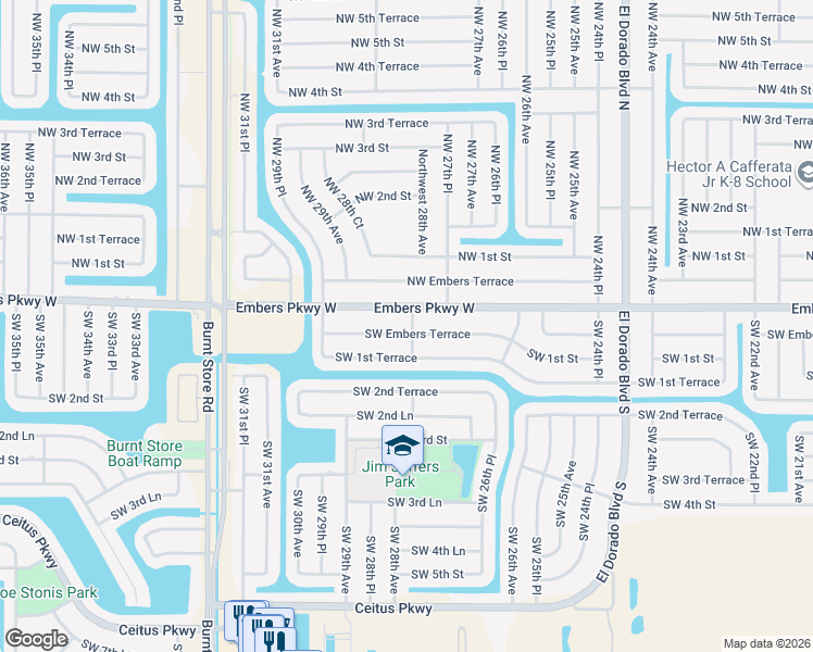 map of restaurants, bars, coffee shops, grocery stores, and more near 2800 Embers Parkway West in Cape Coral