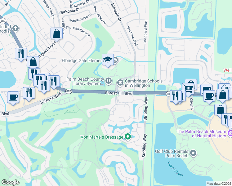 map of restaurants, bars, coffee shops, grocery stores, and more near State Hwy 882 & Royal Fern Dr & Polo Club Rd in Wellington