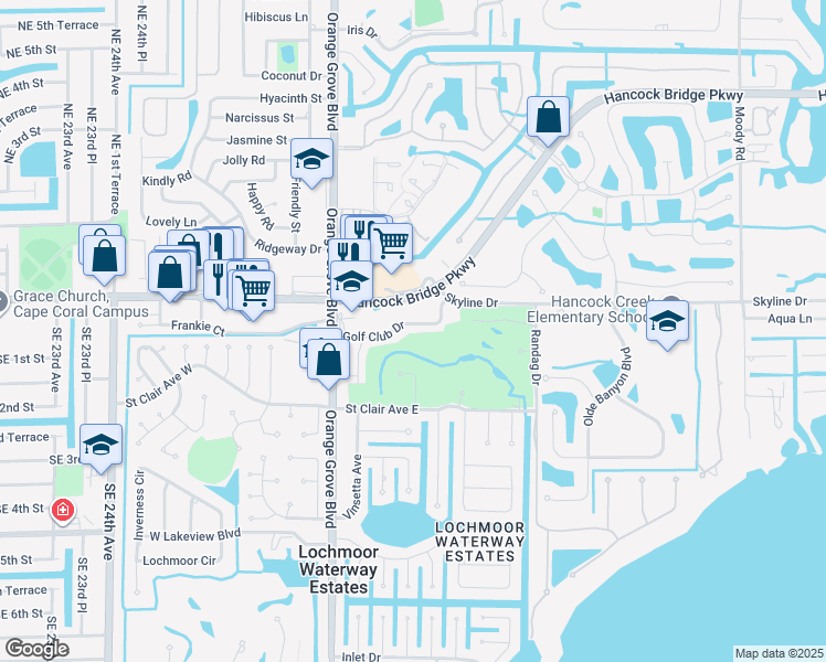 map of restaurants, bars, coffee shops, grocery stores, and more near 1700 Golf Club Drive in North Fort Myers