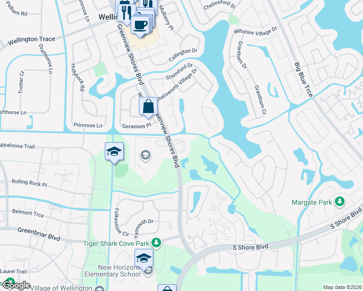 map of restaurants, bars, coffee shops, grocery stores, and more near 2060 Greenview Shores Boulevard in Wellington