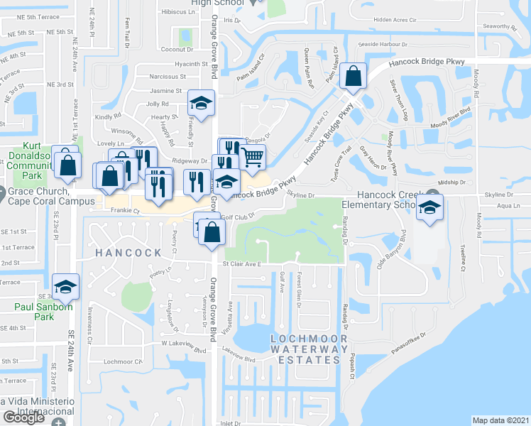 map of restaurants, bars, coffee shops, grocery stores, and more near 1715 Golf Club Drive in North Fort Myers