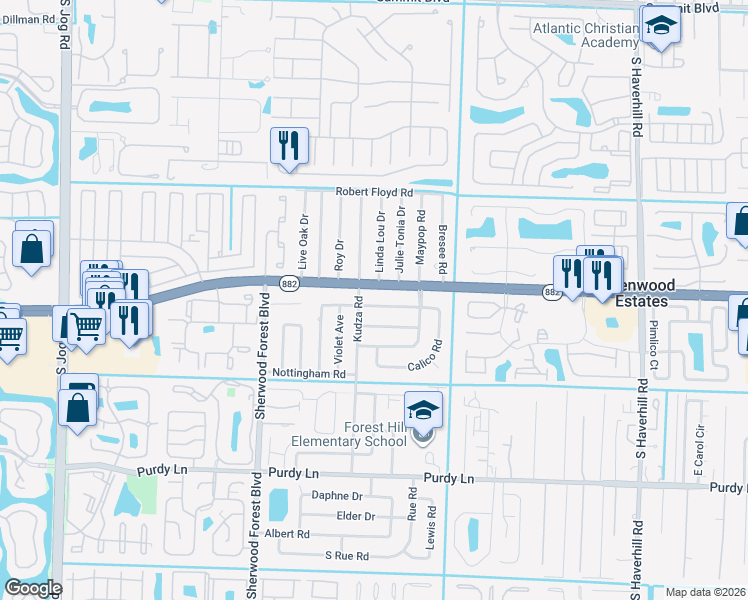 map of restaurants, bars, coffee shops, grocery stores, and more near 5690 Florida 882 in West Palm Beach