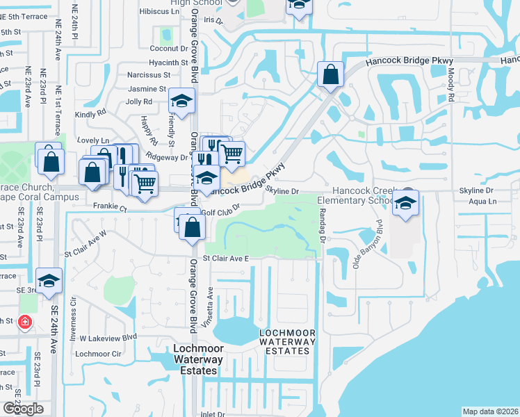 map of restaurants, bars, coffee shops, grocery stores, and more near 1700 Golf Club Drive in North Fort Myers