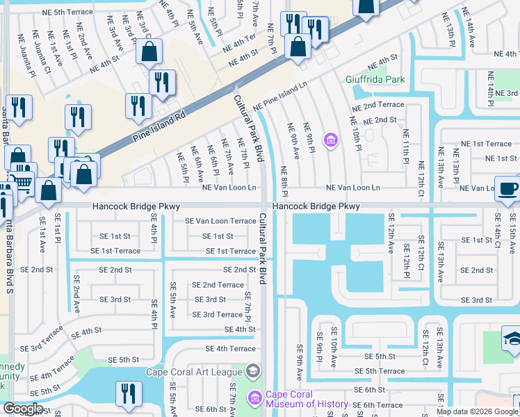 map of restaurants, bars, coffee shops, grocery stores, and more near 5 Cultural Park Boulevard in Cape Coral