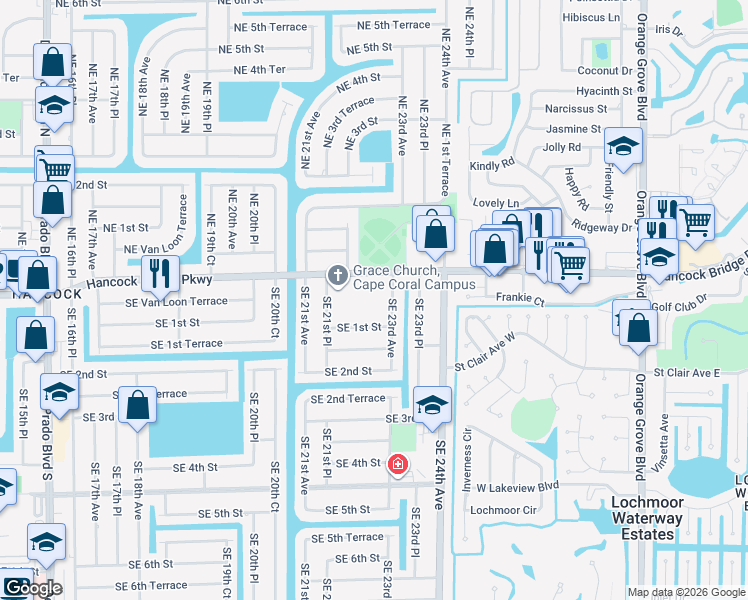 map of restaurants, bars, coffee shops, grocery stores, and more near 2220 Southeast 1st Street in Cape Coral