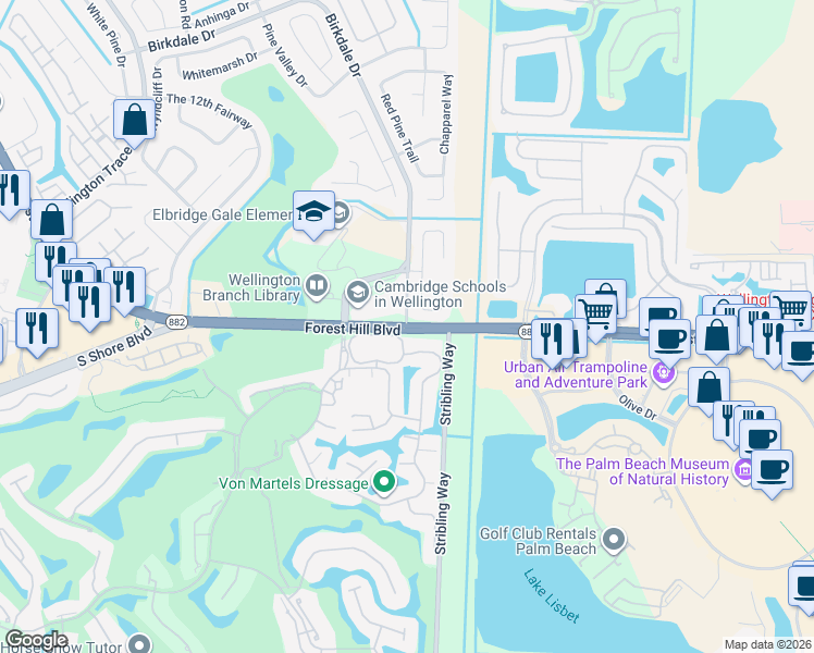 map of restaurants, bars, coffee shops, grocery stores, and more near Forest Hill Blvd & Birkdale Dr in Wellington