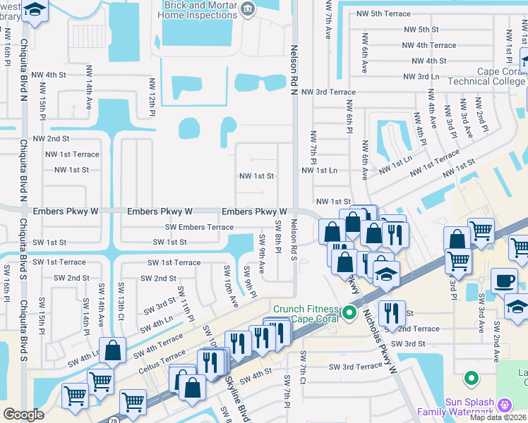map of restaurants, bars, coffee shops, grocery stores, and more near 903 Northwest Embers Terrace in Cape Coral
