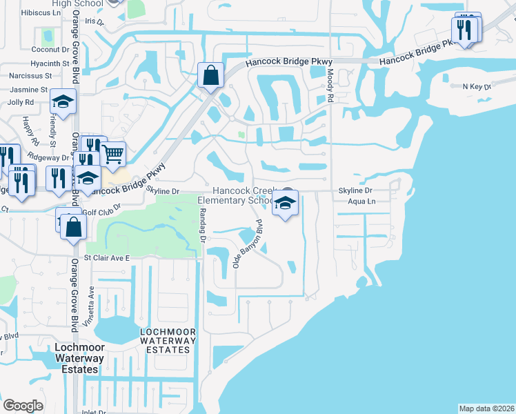 map of restaurants, bars, coffee shops, grocery stores, and more near 12920 Olde Banyon Boulevard in North Fort Myers