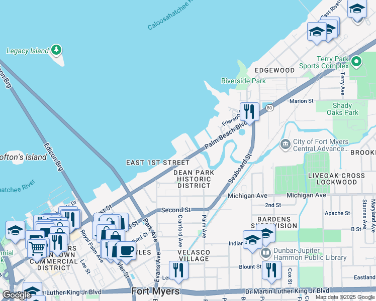 map of restaurants, bars, coffee shops, grocery stores, and more near 2745 First Street in Fort Myers