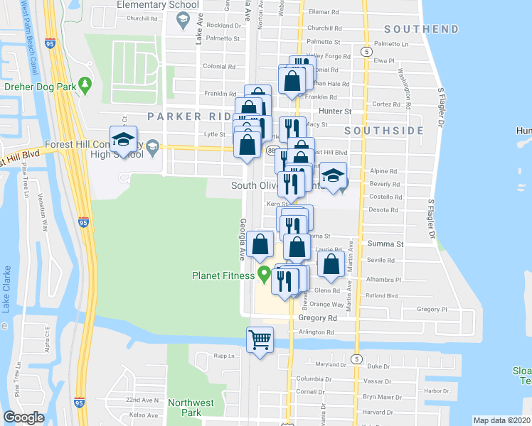 map of restaurants, bars, coffee shops, grocery stores, and more near 444 Kern Street in West Palm Beach