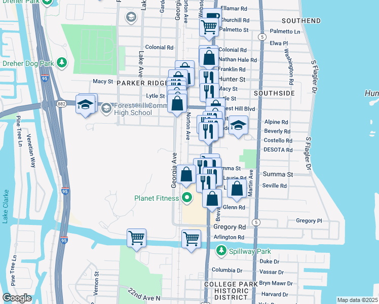 map of restaurants, bars, coffee shops, grocery stores, and more near 444 Kern Street in West Palm Beach