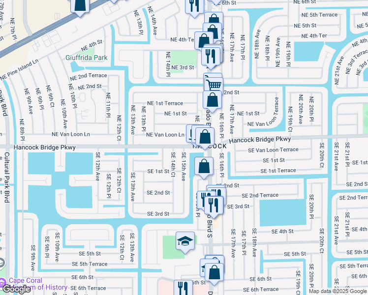 map of restaurants, bars, coffee shops, grocery stores, and more near 1 Southeast 15th Avenue in Cape Coral