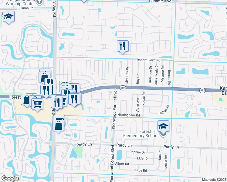 map of restaurants, bars, coffee shops, grocery stores, and more near 6034 Forest Hill Boulevard in West Palm Beach