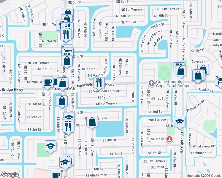 map of restaurants, bars, coffee shops, grocery stores, and more near 1839 Southeast Van Loon Terrace in Cape Coral