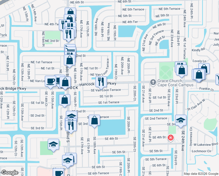 map of restaurants, bars, coffee shops, grocery stores, and more near 1839 Southeast Van Loon Terrace in Cape Coral