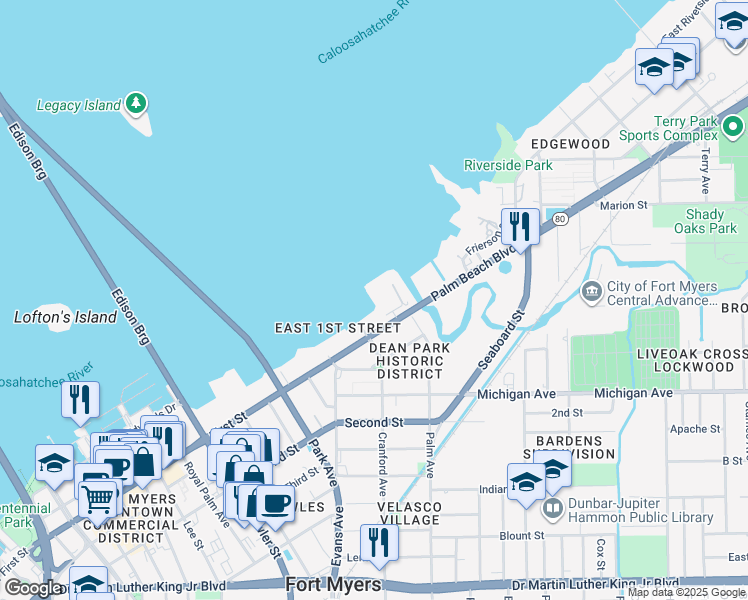 map of restaurants, bars, coffee shops, grocery stores, and more near 2731 First Street in Fort Myers