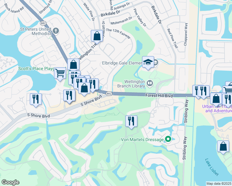 map of restaurants, bars, coffee shops, grocery stores, and more near 11545 Forest Hill Boulevard in Wellington
