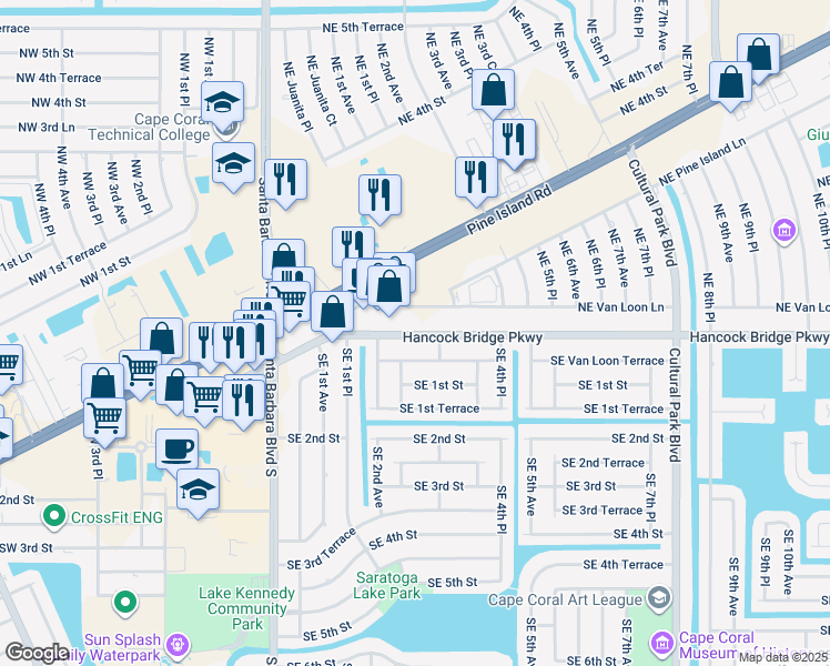 map of restaurants, bars, coffee shops, grocery stores, and more near 221 Hancock Bridge Parkway in Cape Coral