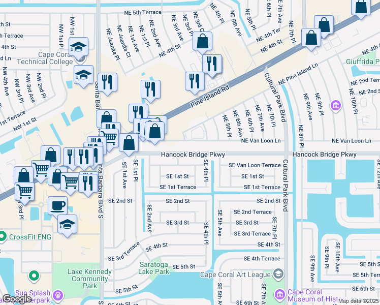 map of restaurants, bars, coffee shops, grocery stores, and more near 303 Hancock Bridge Parkway in Cape Coral