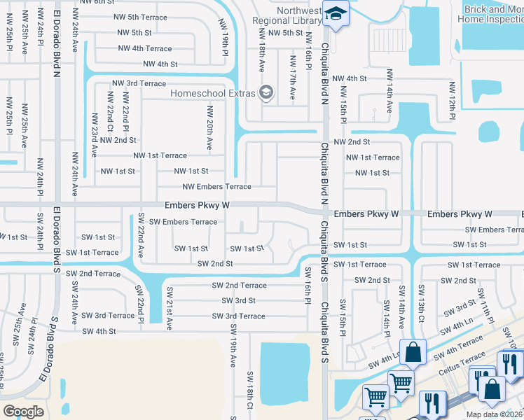 map of restaurants, bars, coffee shops, grocery stores, and more near 1728 Embers Parkway West in Cape Coral