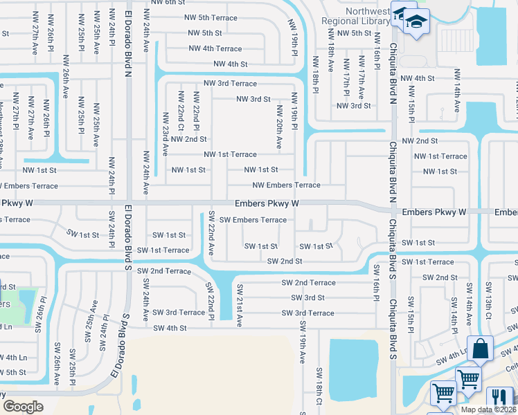 map of restaurants, bars, coffee shops, grocery stores, and more near 2000 Embers Parkway West in Cape Coral