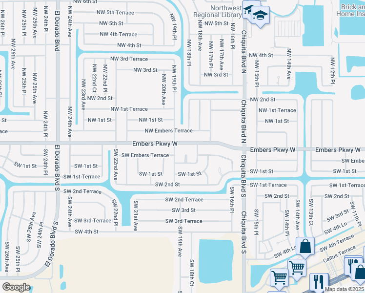 map of restaurants, bars, coffee shops, grocery stores, and more near 1818 Embers Parkway West in Cape Coral