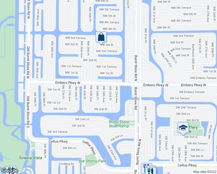 map of restaurants, bars, coffee shops, grocery stores, and more near 6 Southwest 33rd Place in Cape Coral