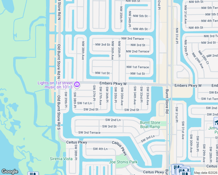 map of restaurants, bars, coffee shops, grocery stores, and more near 9 Southwest 36th Place in Cape Coral
