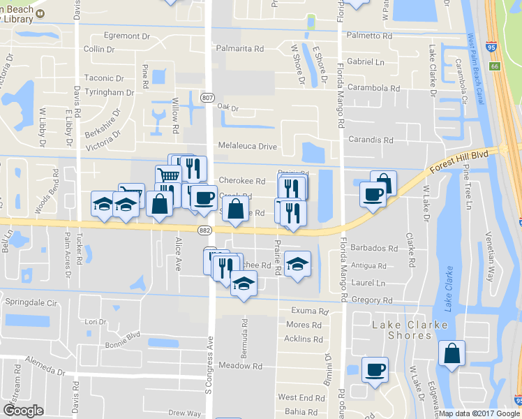 map of restaurants, bars, coffee shops, grocery stores, and more near 2811 Shawnee Road in West Palm Beach