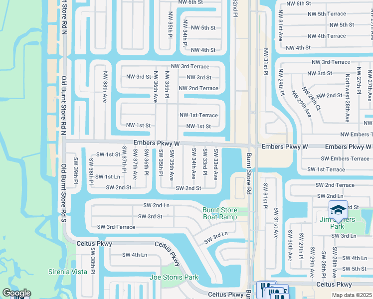 map of restaurants, bars, coffee shops, grocery stores, and more near 5 Southwest 34th Place in Cape Coral