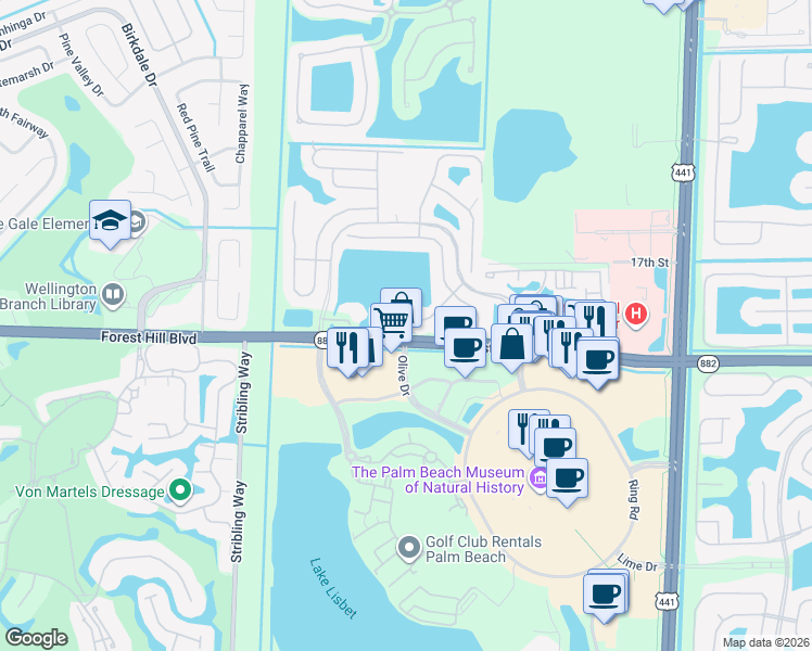 map of restaurants, bars, coffee shops, grocery stores, and more near 1954 Waterside Court East in Wellington