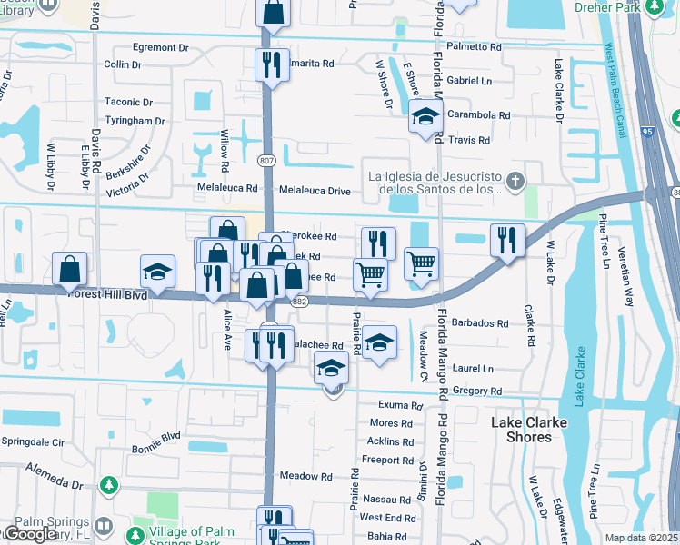 map of restaurants, bars, coffee shops, grocery stores, and more near 2811 Shawnee Road in West Palm Beach