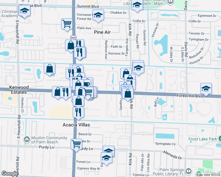 map of restaurants, bars, coffee shops, grocery stores, and more near 1001 Rich Drive in Palm Springs