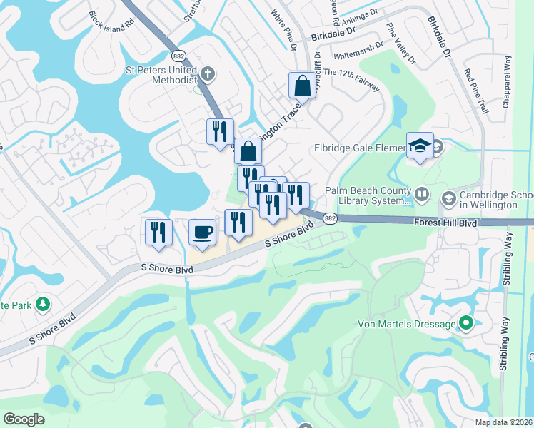 map of restaurants, bars, coffee shops, grocery stores, and more near 11950 W Forest Hill Blvd in Wellington
