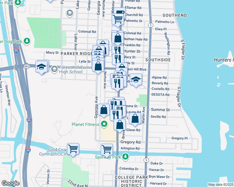 map of restaurants, bars, coffee shops, grocery stores, and more near 7201 South Dixie Highway in West Palm Beach
