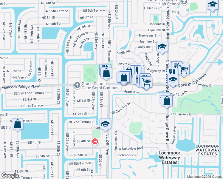 map of restaurants, bars, coffee shops, grocery stores, and more near in Cape Coral
