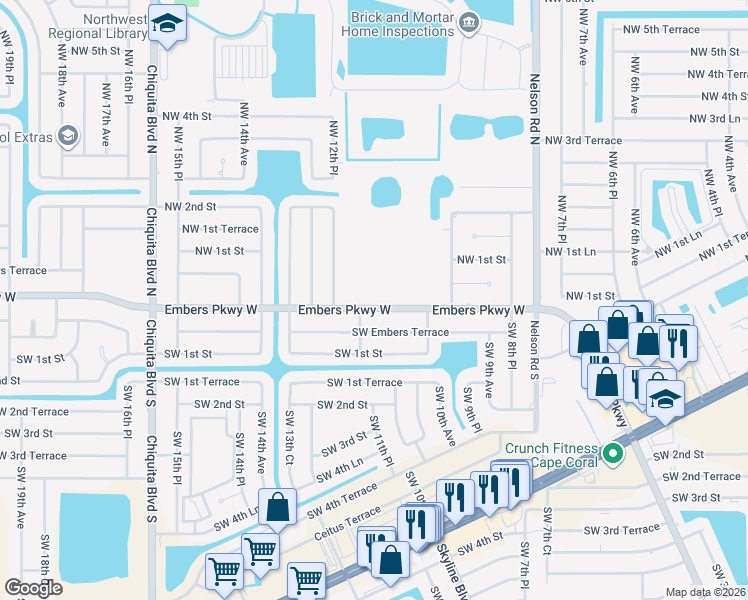map of restaurants, bars, coffee shops, grocery stores, and more near 1051 Embers Parkway West in Cape Coral