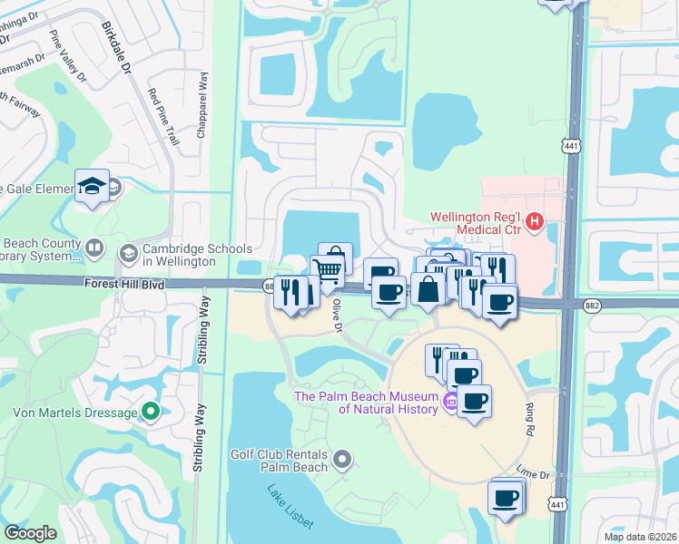 map of restaurants, bars, coffee shops, grocery stores, and more near 1949 Waterside Court East in Wellington