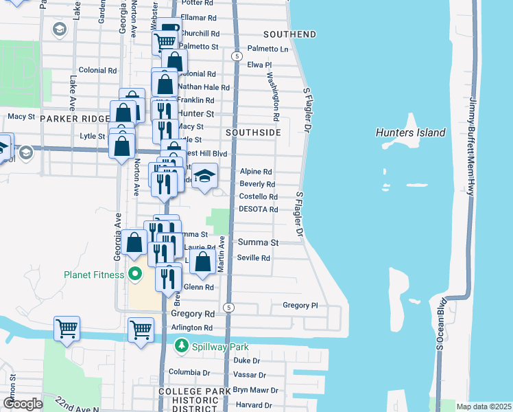map of restaurants, bars, coffee shops, grocery stores, and more near 229 Desota Road in West Palm Beach