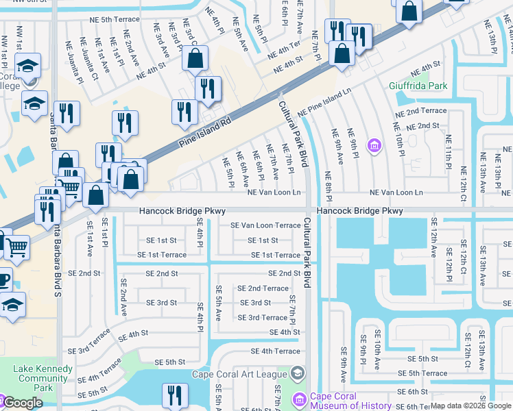 map of restaurants, bars, coffee shops, grocery stores, and more near 607 Hancock Bridge Parkway in Cape Coral