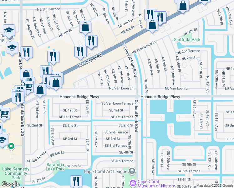 map of restaurants, bars, coffee shops, grocery stores, and more near 607 Hancock Bridge Parkway in Cape Coral