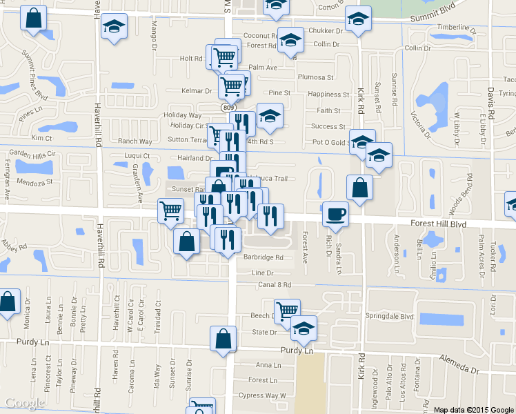 map of restaurants, bars, coffee shops, grocery stores, and more near 4397 Forest Hill Boulevard in West Palm Beach