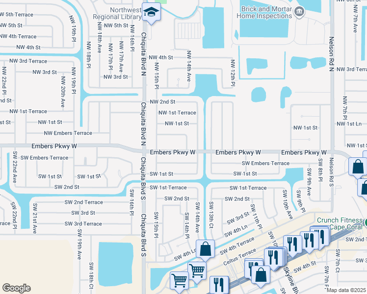 map of restaurants, bars, coffee shops, grocery stores, and more near 4 Northwest 14th Place in Cape Coral
