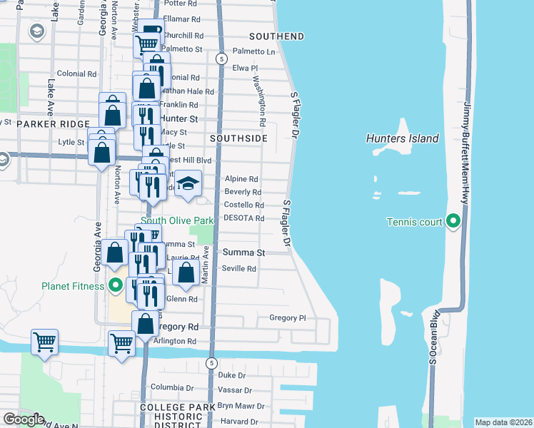 map of restaurants, bars, coffee shops, grocery stores, and more near 127 Desota Road in West Palm Beach