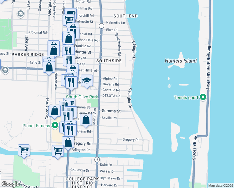 map of restaurants, bars, coffee shops, grocery stores, and more near 127 Desota Road in West Palm Beach