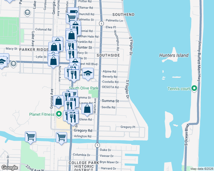 map of restaurants, bars, coffee shops, grocery stores, and more near 229 Desota Road in West Palm Beach