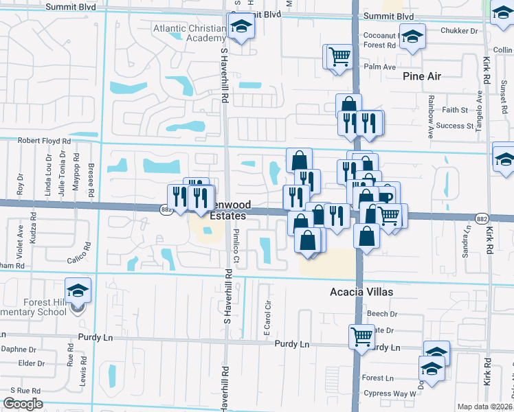 map of restaurants, bars, coffee shops, grocery stores, and more near 5002 Pimlico Court in West Palm Beach