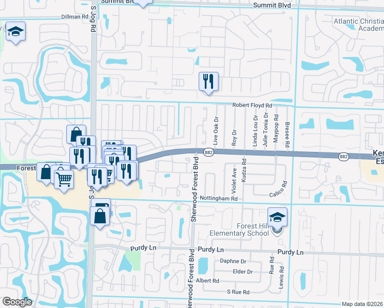 map of restaurants, bars, coffee shops, grocery stores, and more near 6048 Forest Hill Boulevard in West Palm Beach